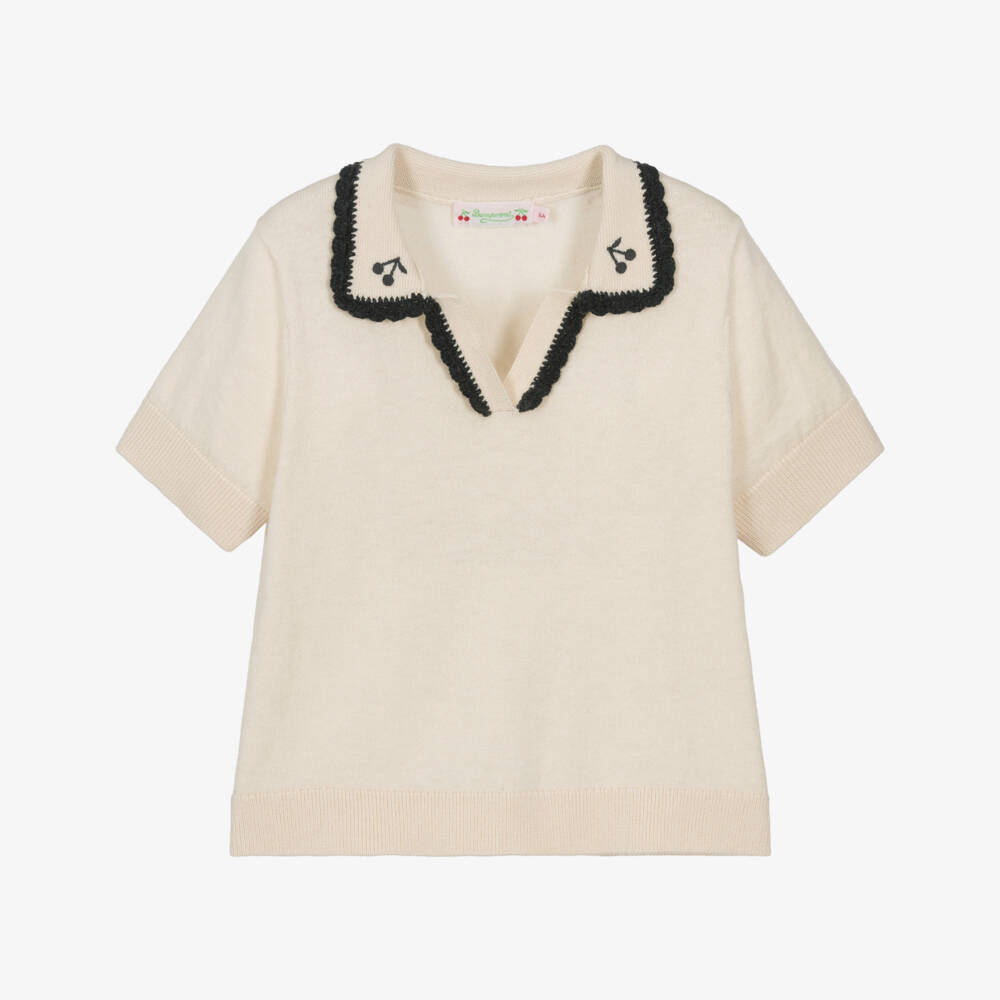 Bonpoint-Girls Pale Beige Wool & Cotton Knit Sweater with Crochet Trim | Childrensalon
