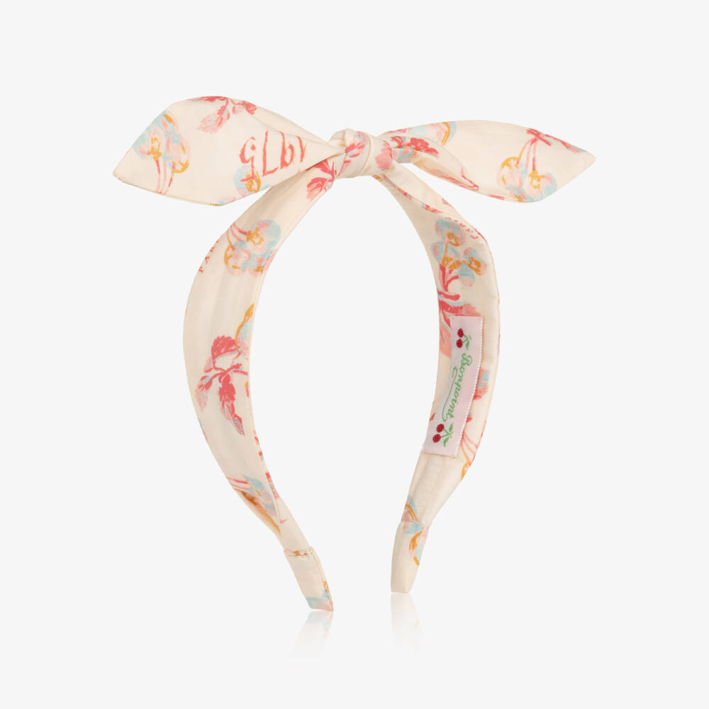 Bonpoint-Girls Pale Peach Bow Hairband with Cherry Print | Childrensalon