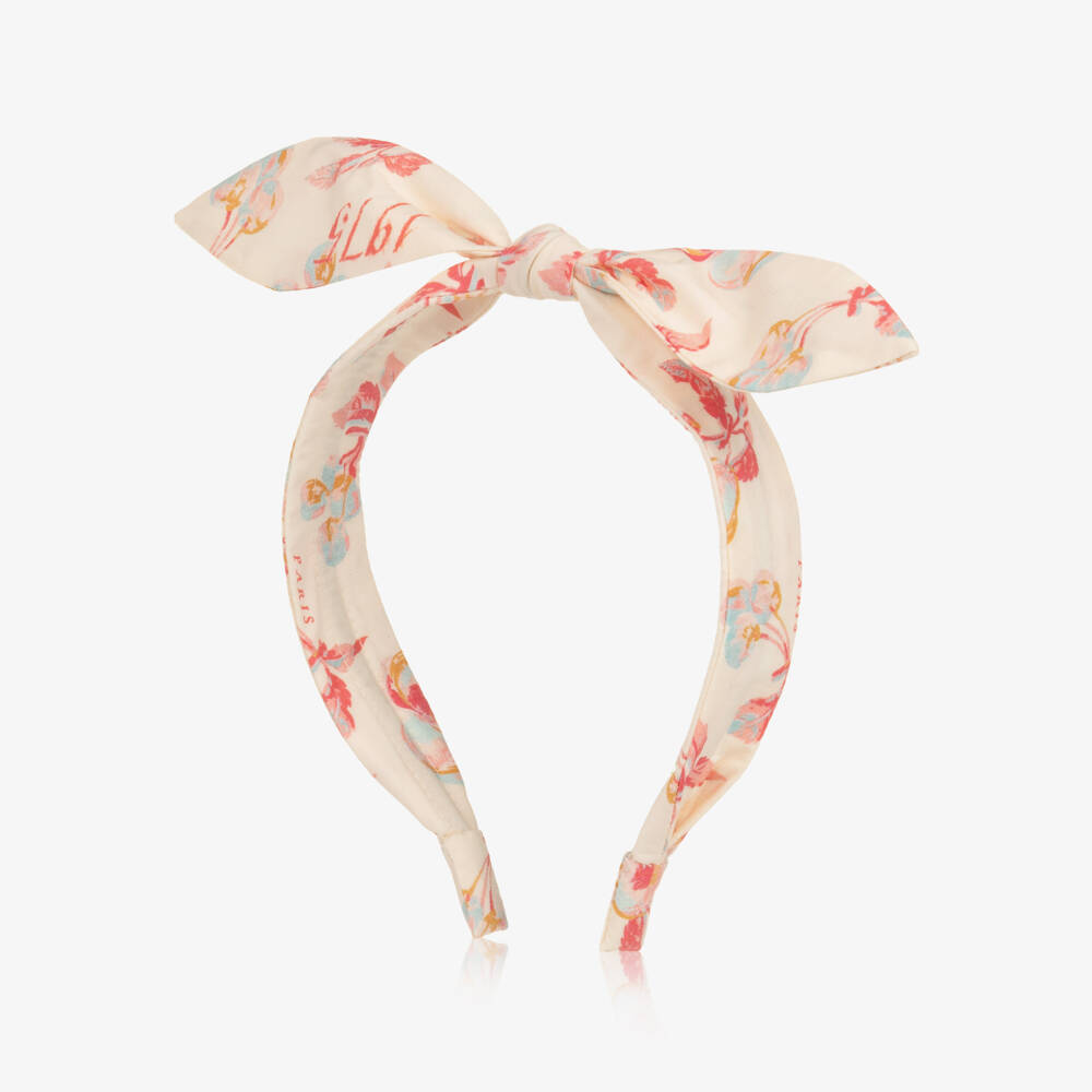 Bonpoint-Girls Pale Peach Bow Hairband with Cherry Print | Childrensalon