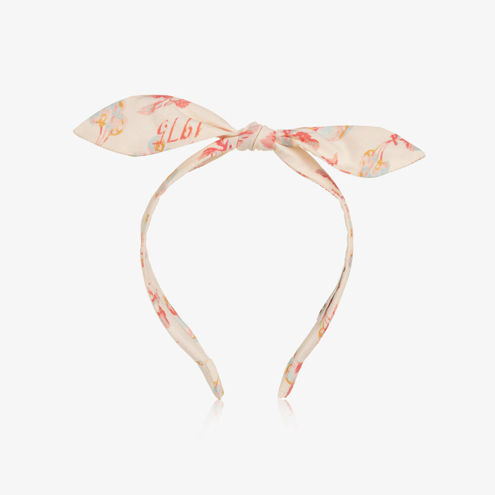 Bonpoint-Girls Pale Peach Bow Hairband with Cherry Print | Childrensalon