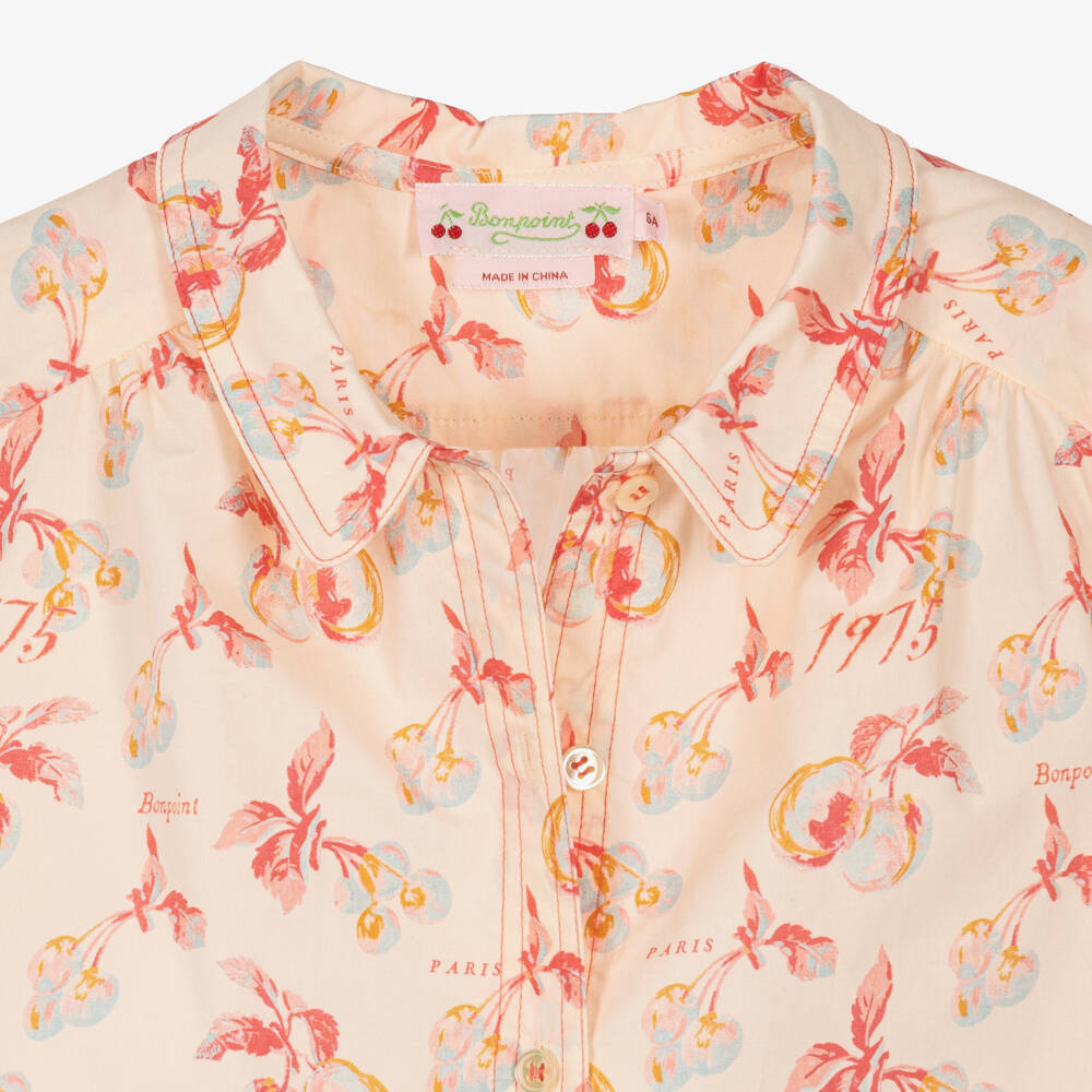 Bonpoint-Girls Pale Peach Poplin Blouse with Cherry Print | Childrensalon