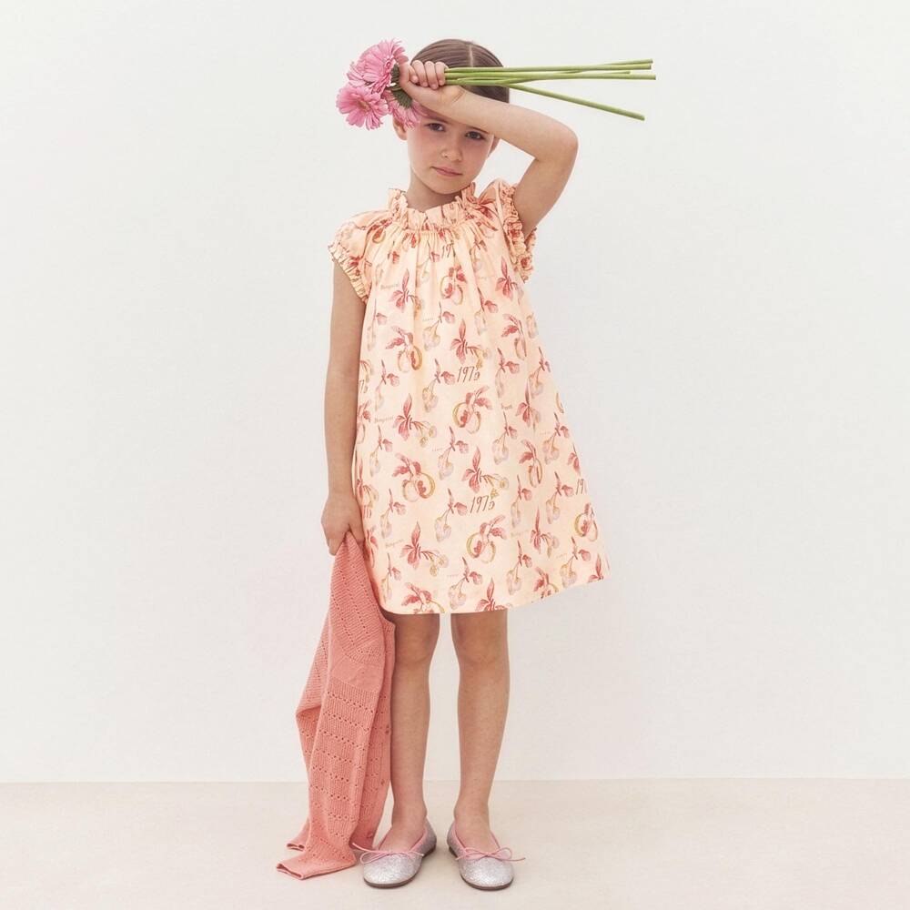 Bonpoint-Girls Pale Peach Poplin Dress with Cherry Print | Childrensalon