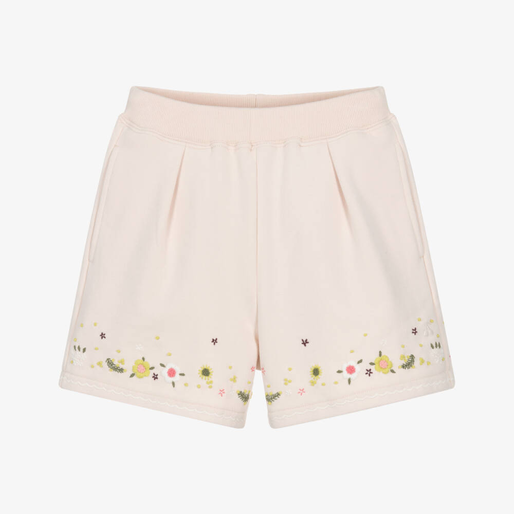 Bonpoint-Girls Pale Pink Cotton Floral Embroidery Shorts | Childrensalon
