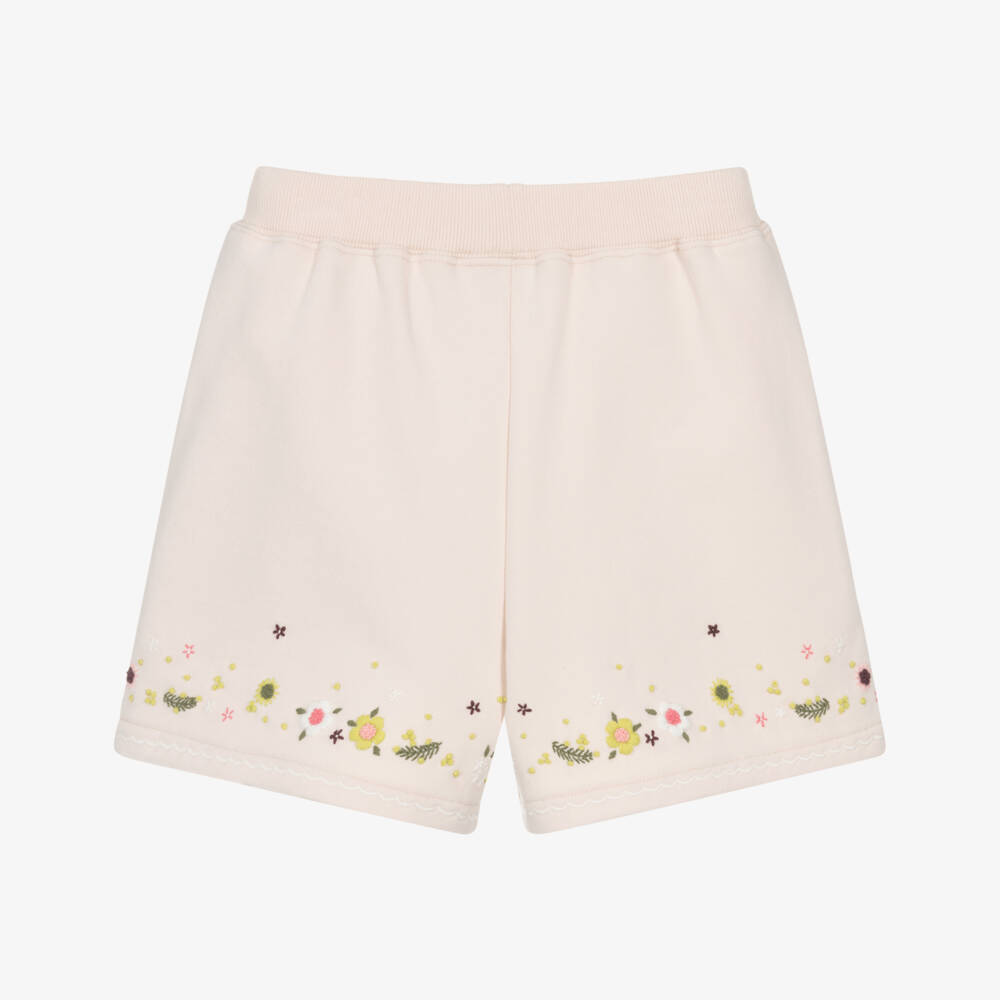 Bonpoint-Girls Pale Pink Cotton Floral Embroidery Shorts | Childrensalon