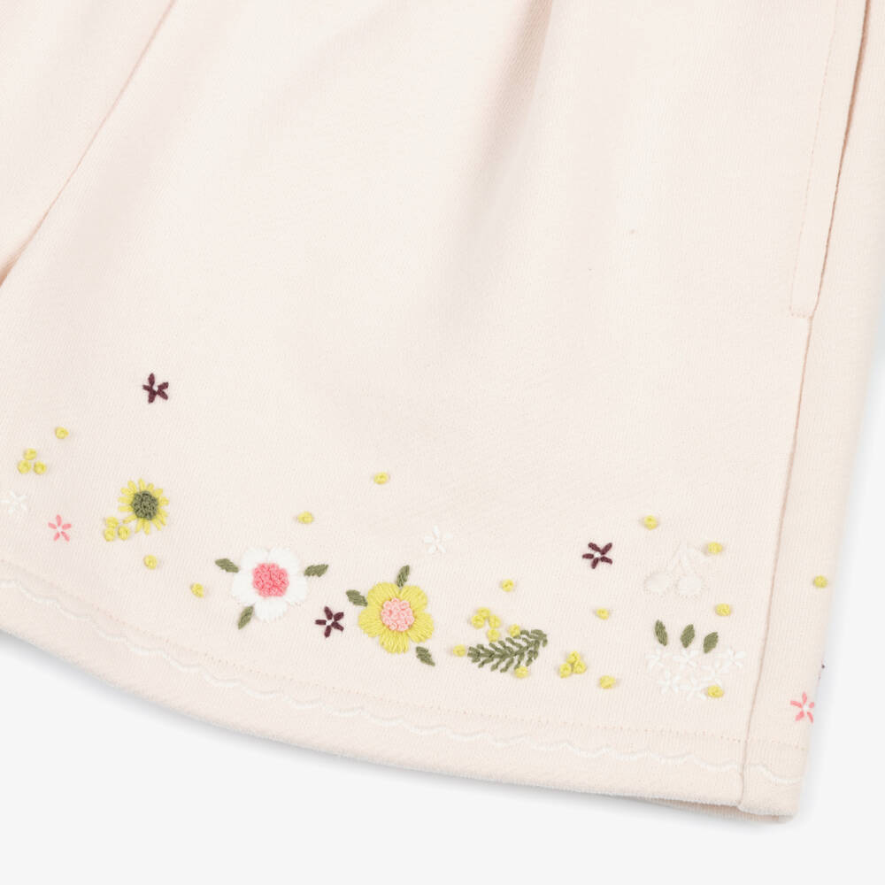Bonpoint-Girls Pale Pink Cotton Floral Embroidery Shorts | Childrensalon
