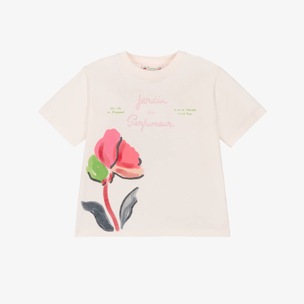 Bonpoint-Girls Pale Pink Cotton Jersey Floral Print T-Shirt | Childrensalon