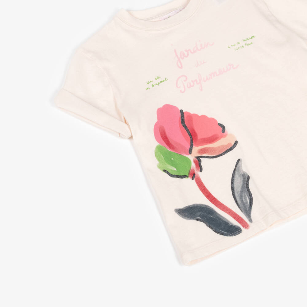 Bonpoint-Футболка розовая из хлопкового трикотажа с цветком для девочек | Childrensalon