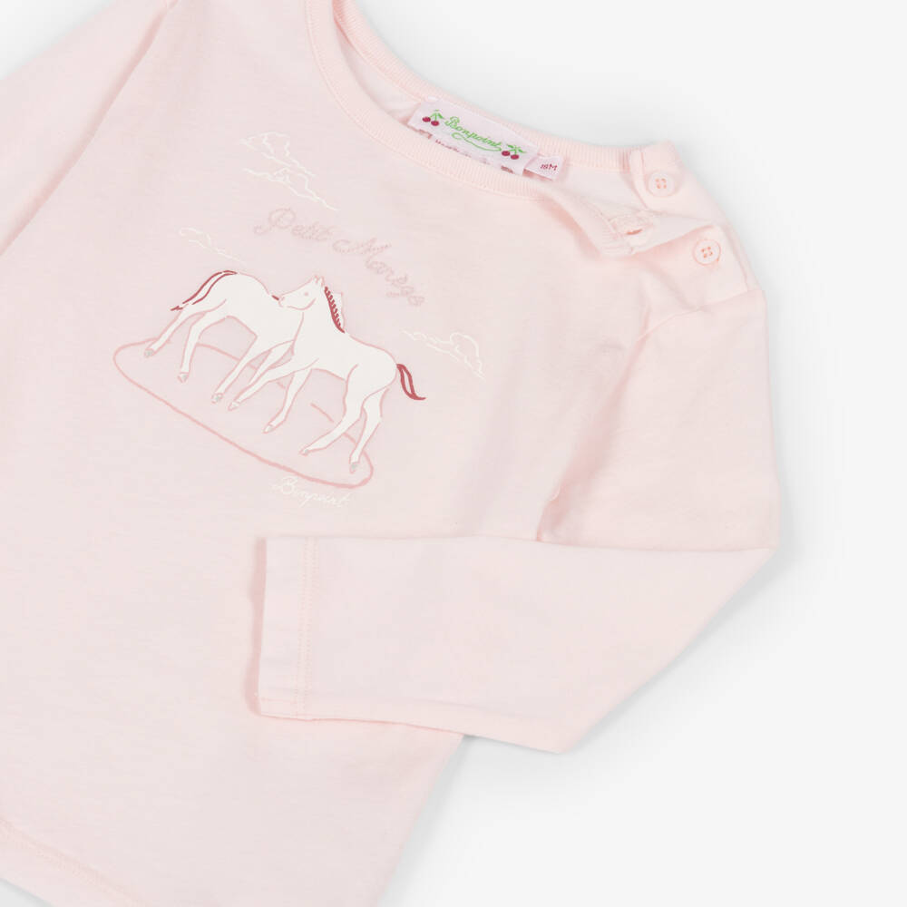 Bonpoint-Girls Pale Pink Cotton Jersey Top with Horse Print | Childrensalon