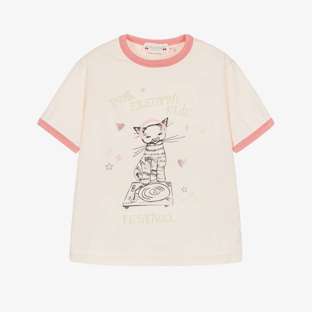 Bonpoint-Girls Pale Pink Cotton T-Shirt with Cat Graphic | Childrensalon
