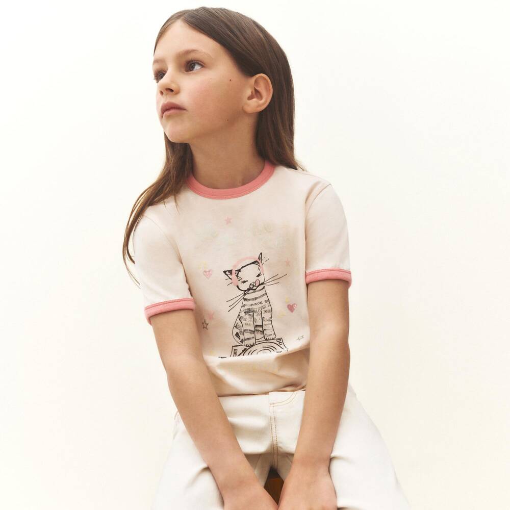 Bonpoint-Girls Pale Pink Cotton T-Shirt with Cat Graphic | Childrensalon