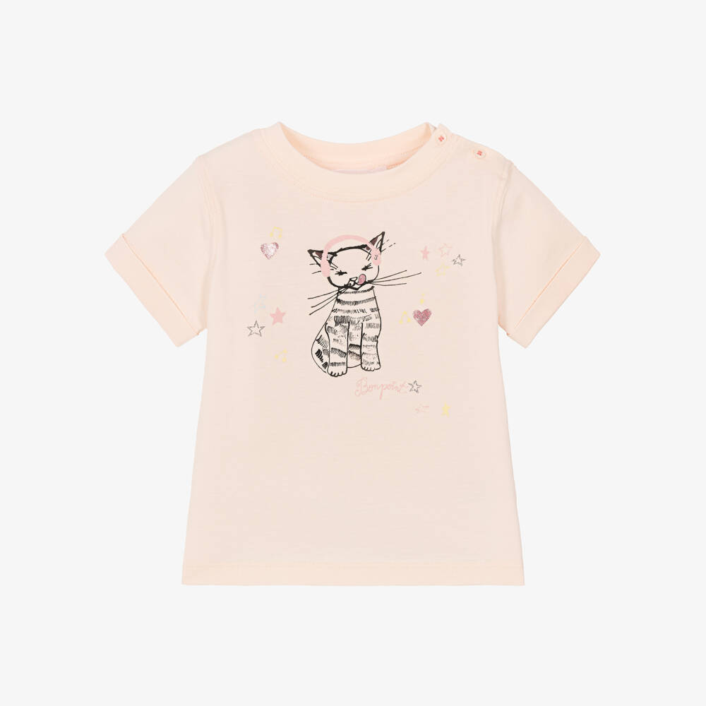 Bonpoint-Girls Pale Pink Cotton T-Shirt with Playful Cat Graphic | Childrensalon