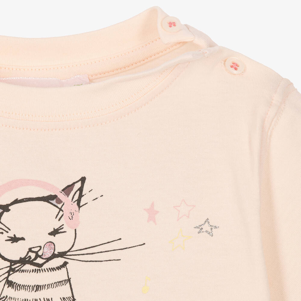 Bonpoint-Girls Pale Pink Cotton T-Shirt with Playful Cat Graphic | Childrensalon