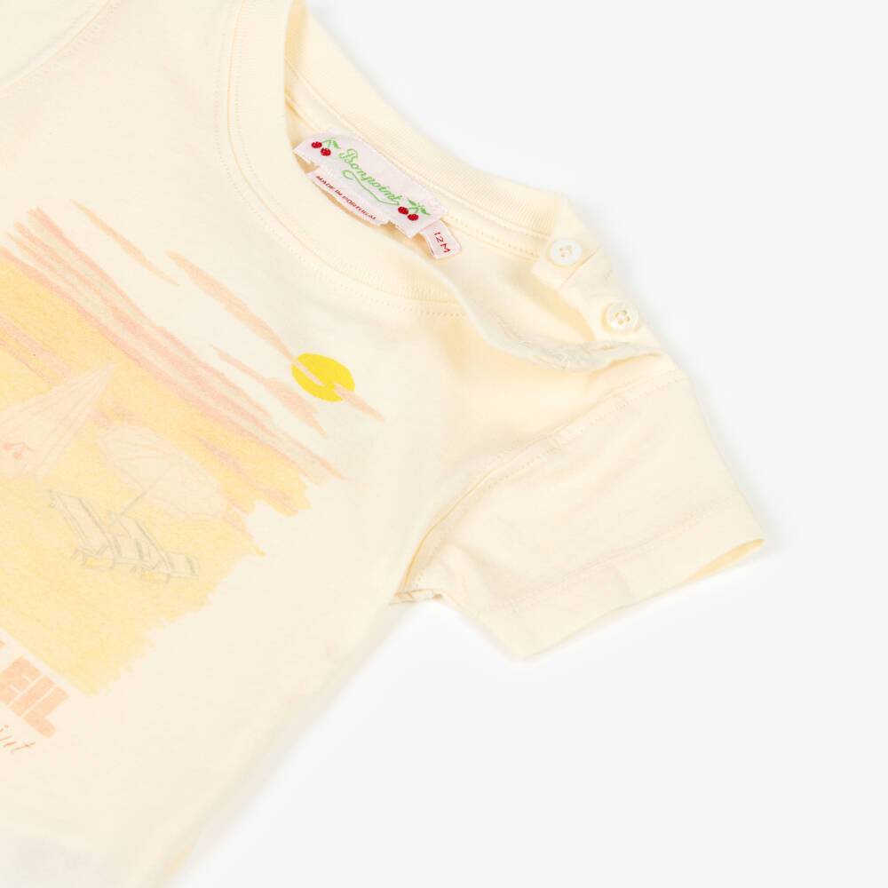Bonpoint-Girls Pale Yellow Cotton T-Shirt with Beach Print | Childrensalon