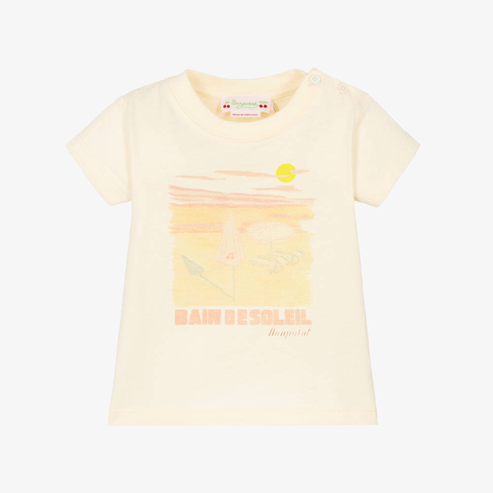 Bonpoint-Girls Pale Yellow Cotton T-Shirt with Beach Print | Childrensalon