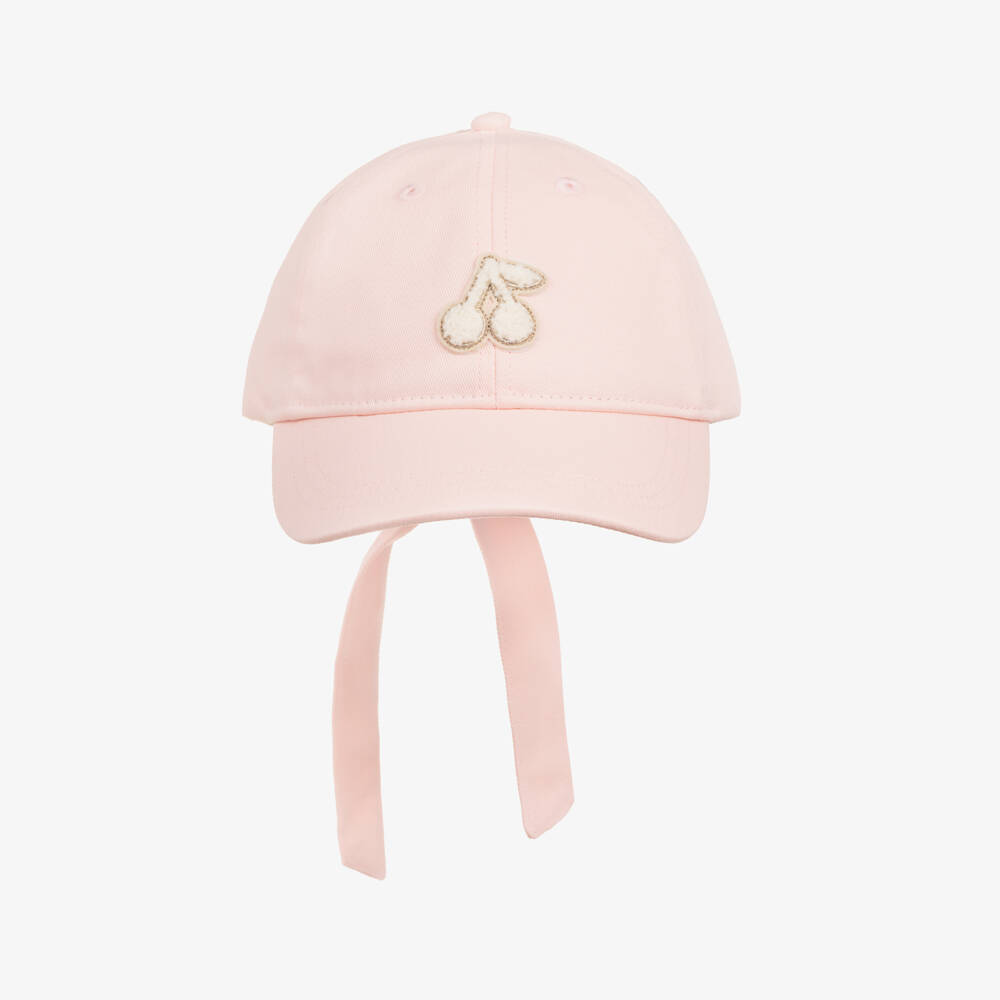 Bonpoint-Girls Pastel Pink Cotton Twill Cap with Cherry Motif | Childrensalon