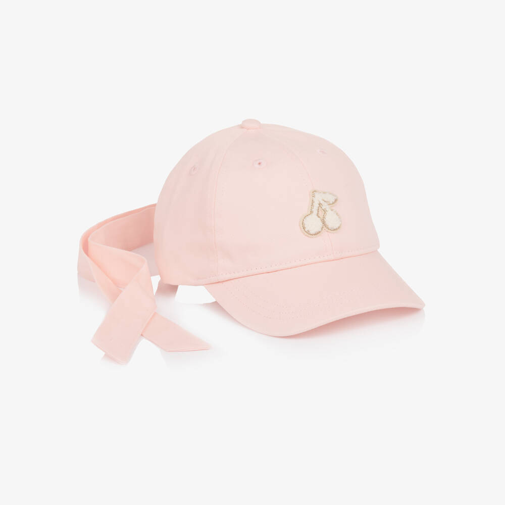 Bonpoint-Girls Pastel Pink Cotton Twill Cap with Cherry Motif | Childrensalon