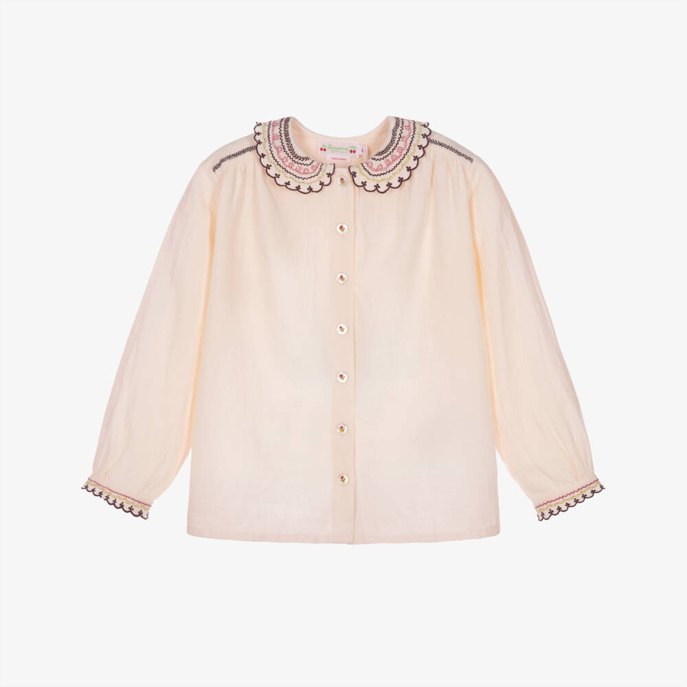Bonpoint-Girls Pink Blouse with Embroidered Collar  | Childrensalon
