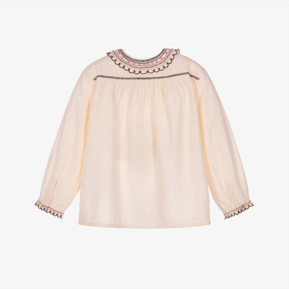 Bonpoint-Girls Pink Blouse with Embroidered Collar | Childrensalon