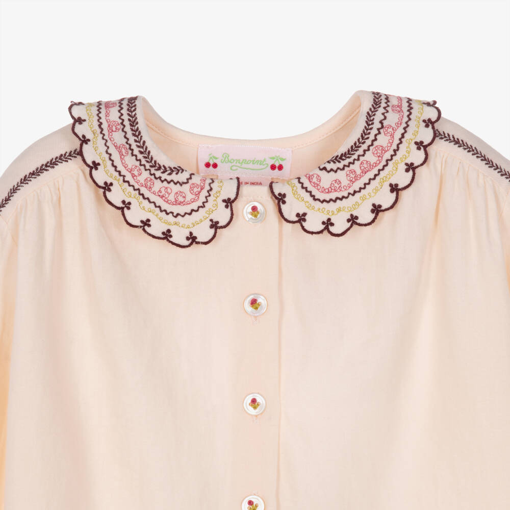 Bonpoint-Girls Pink Blouse with Embroidered Collar | Childrensalon