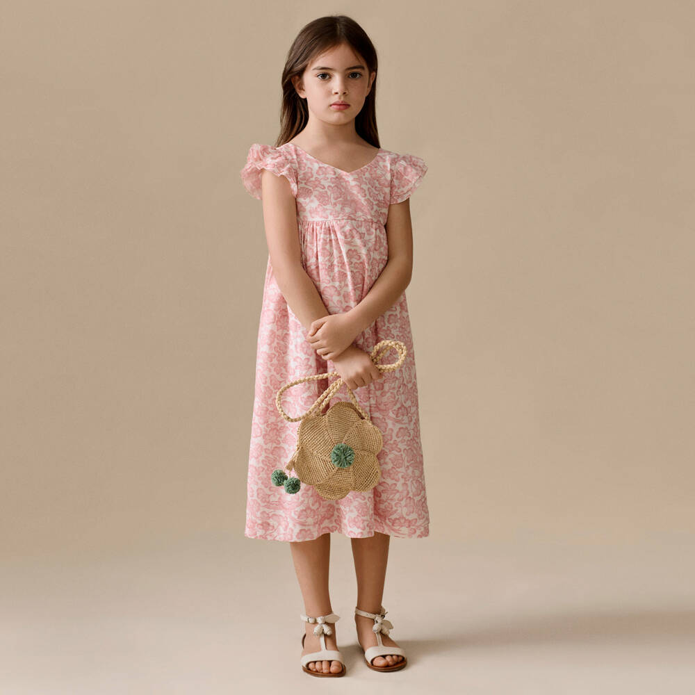 Bonpoint-فستان قطن بطبعة ورود لون زهري للبنات | Childrensalon