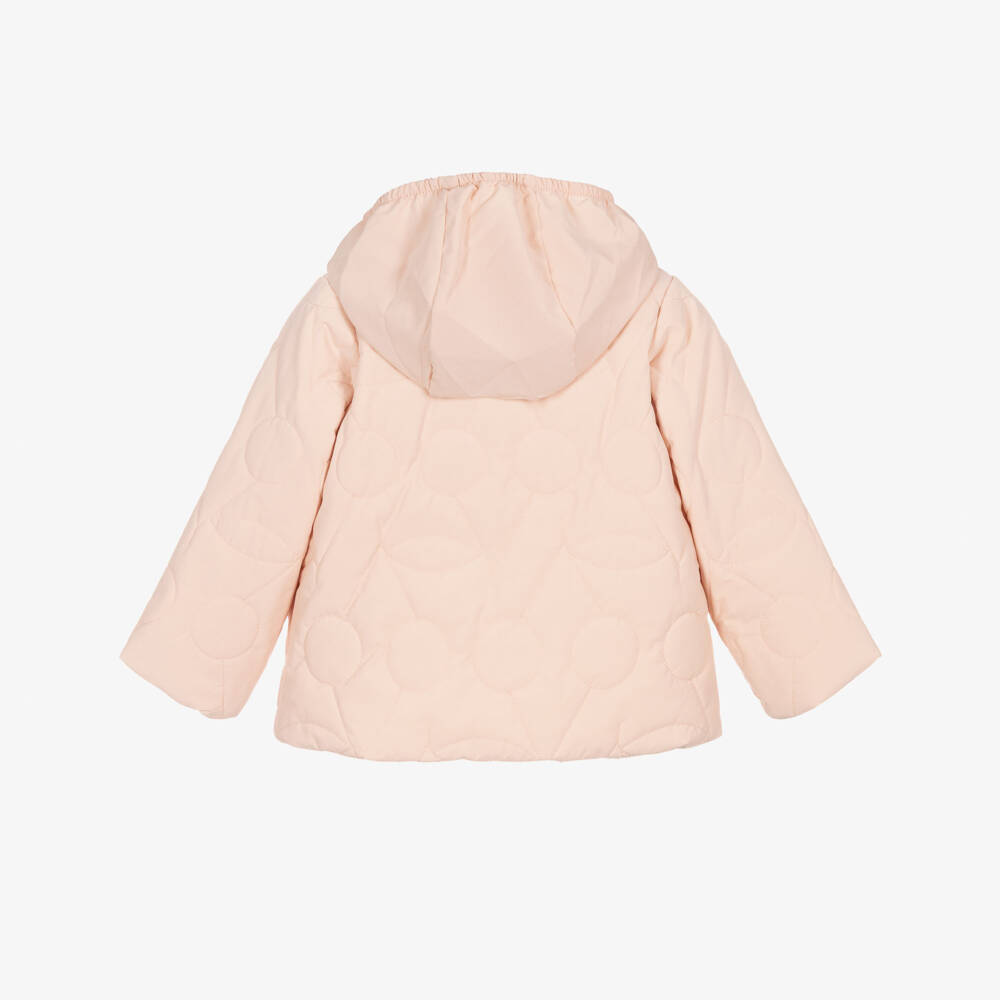 Bonpoint-Girls Pink Cherry Logo Quilted Jacket with Pack-Away Hood | Childrensalon