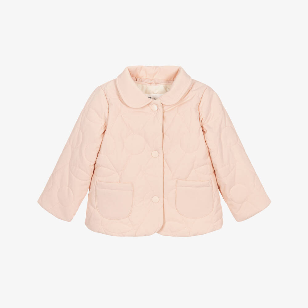 Bonpoint-Girls Pink Cherry Logo Quilted Jacket with Pack-Away Hood | Childrensalon