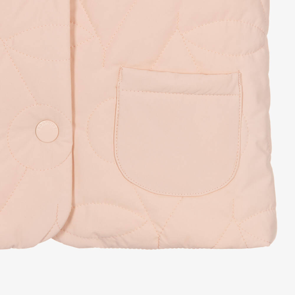 Bonpoint-Girls Pink Cherry Logo Quilted Jacket with Pack-Away Hood | Childrensalon