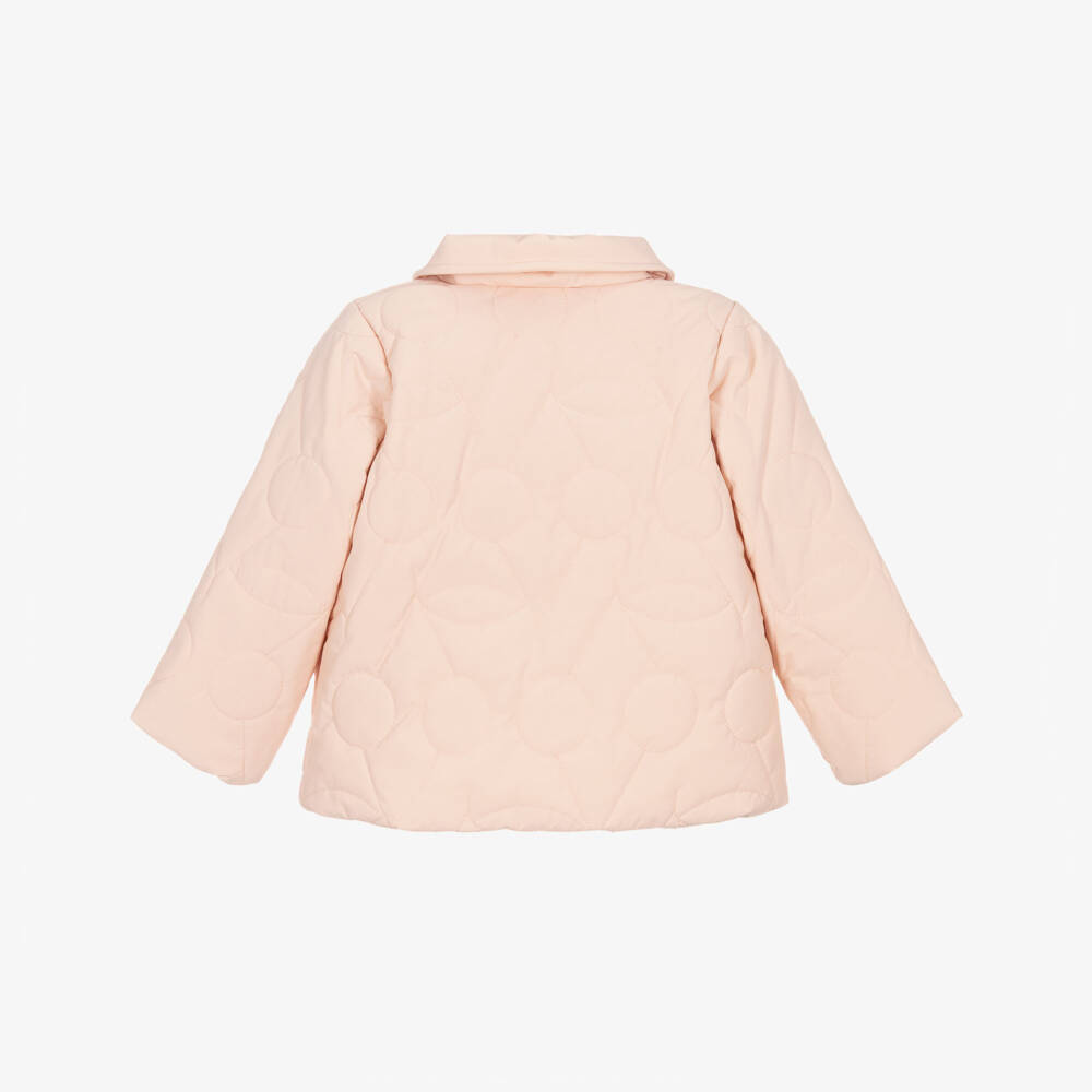 Bonpoint-Girls Pink Cherry Logo Quilted Jacket with Pack-Away Hood | Childrensalon