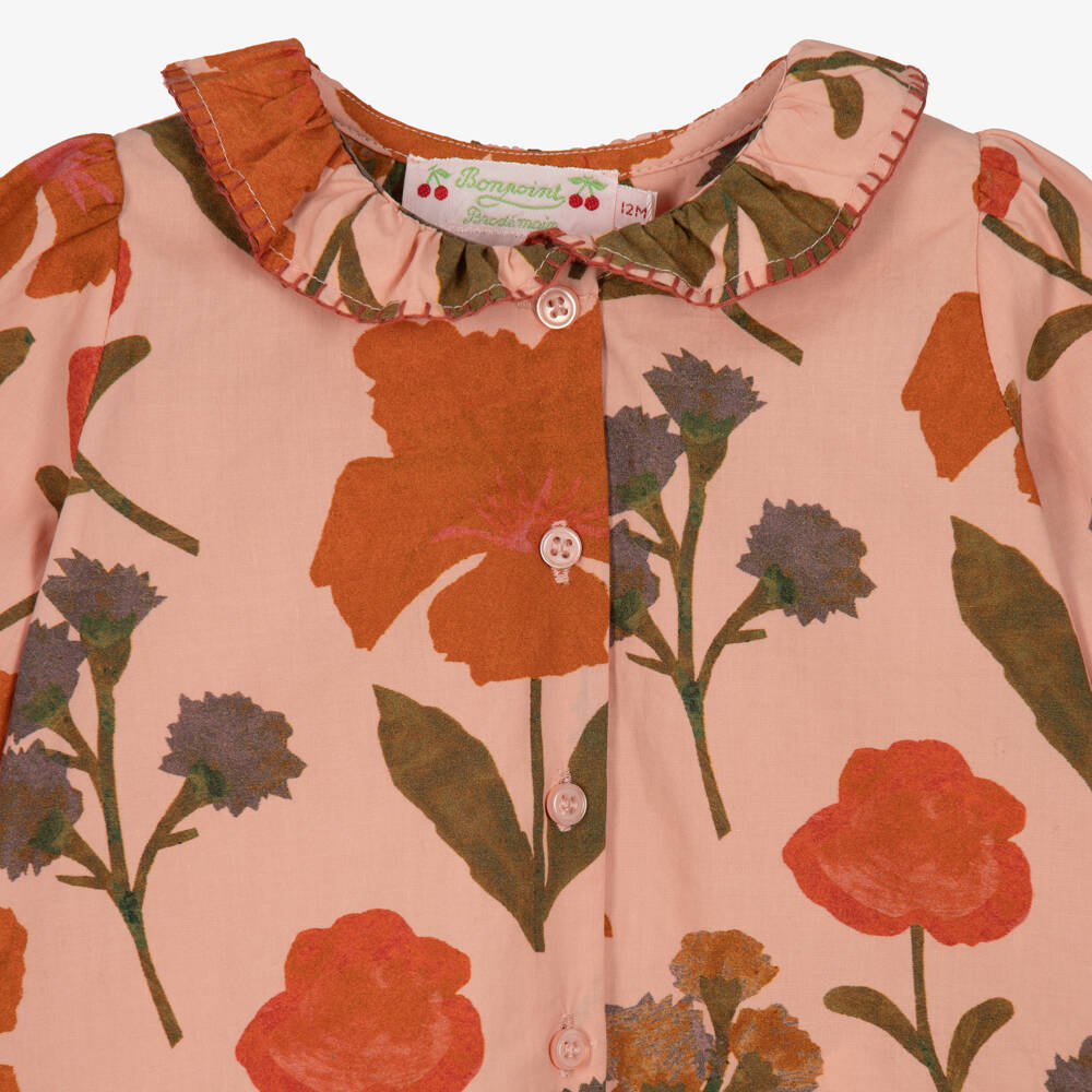 Bonpoint-Girls Pink Cotton Blouse with Painterly Floral Print | Childrensalon