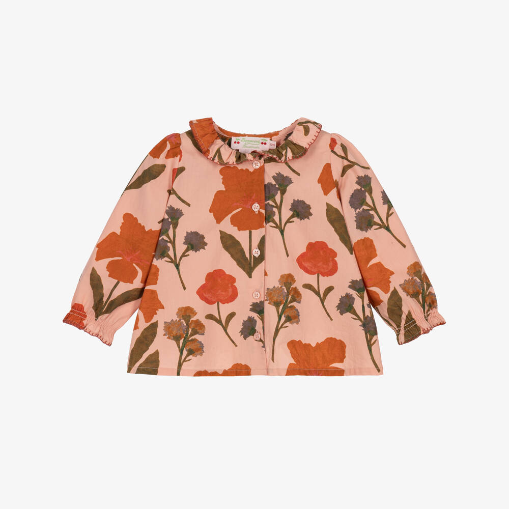 Bonpoint-Girls Pink Cotton Blouse with Painterly Floral Print | Childrensalon