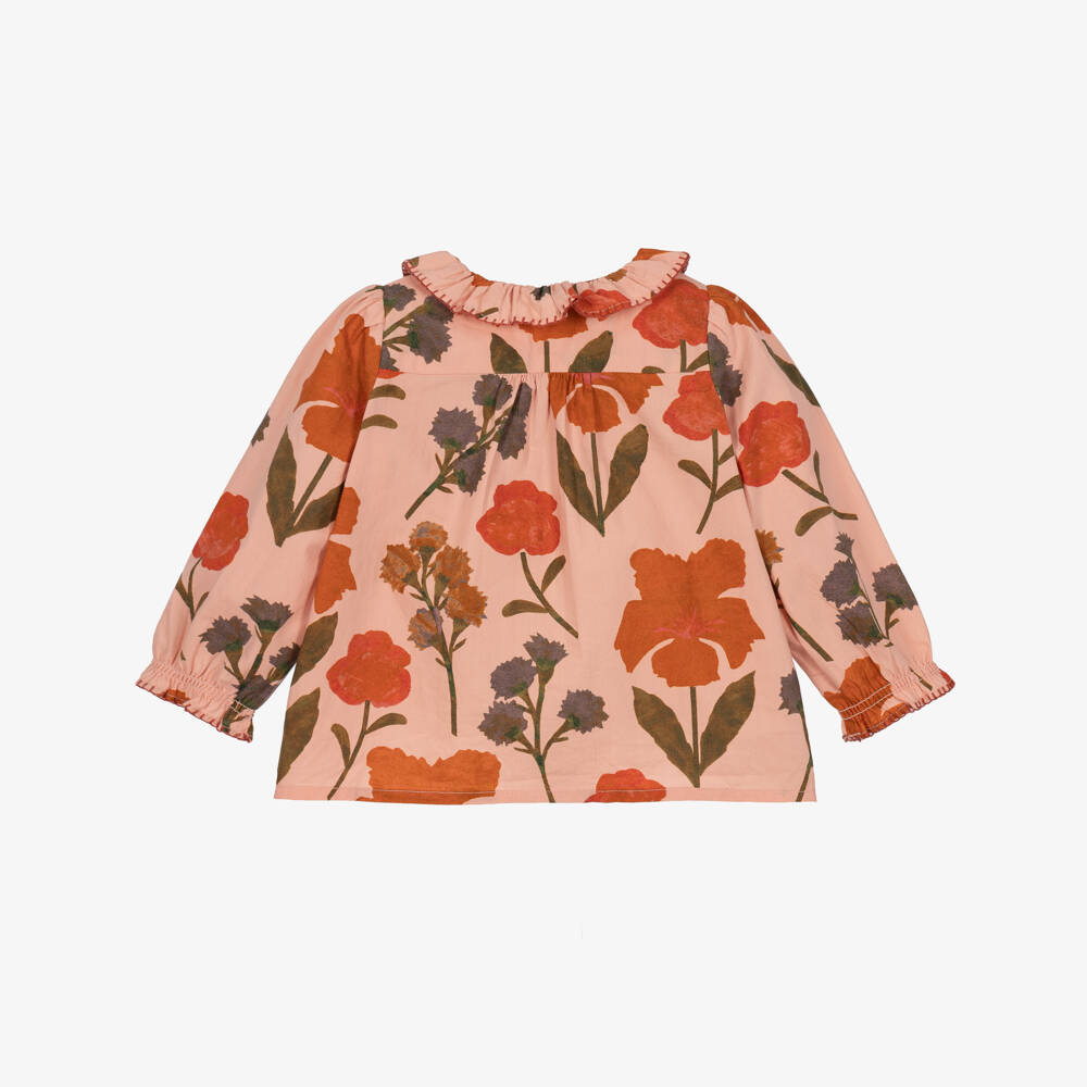 Bonpoint-Girls Pink Cotton Blouse with Painterly Floral Print | Childrensalon