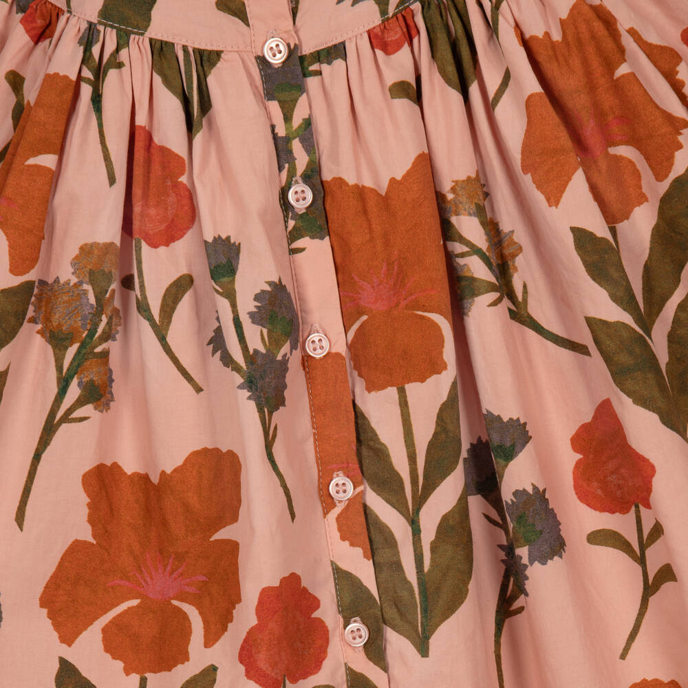 Bonpoint-Girls Pink Cotton Dress with Painterly Floral Print | Childrensalon