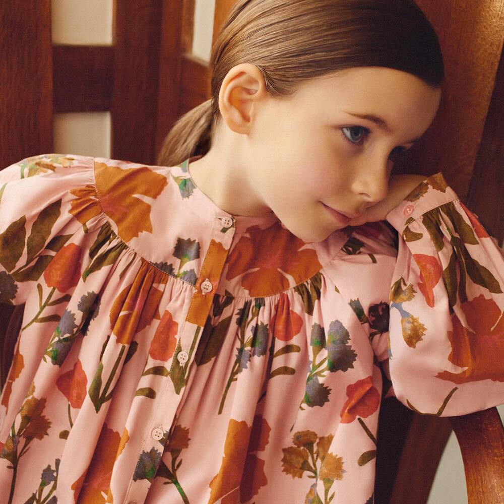 Bonpoint-Girls Pink Cotton Dress with Painterly Floral Print | Childrensalon