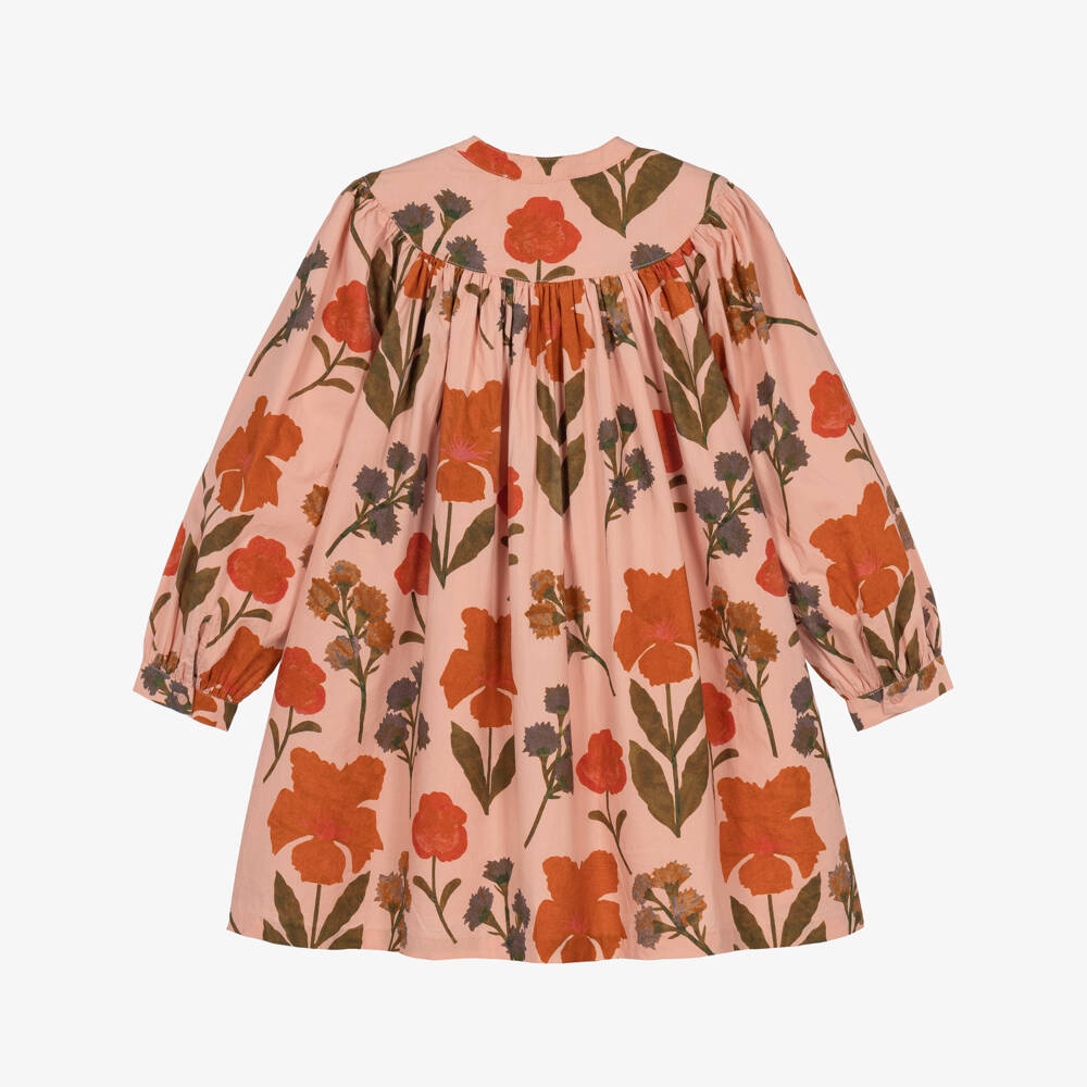 Bonpoint-Girls Pink Cotton Dress with Painterly Floral Print | Childrensalon