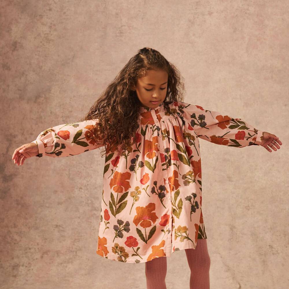 Bonpoint-Girls Pink Cotton Dress with Painterly Floral Print | Childrensalon
