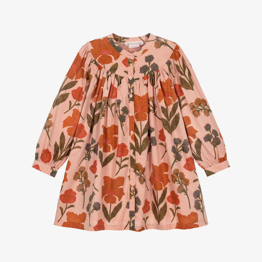 Bonpoint-Girls Pink Cotton Dress with Painterly Floral Print | Childrensalon