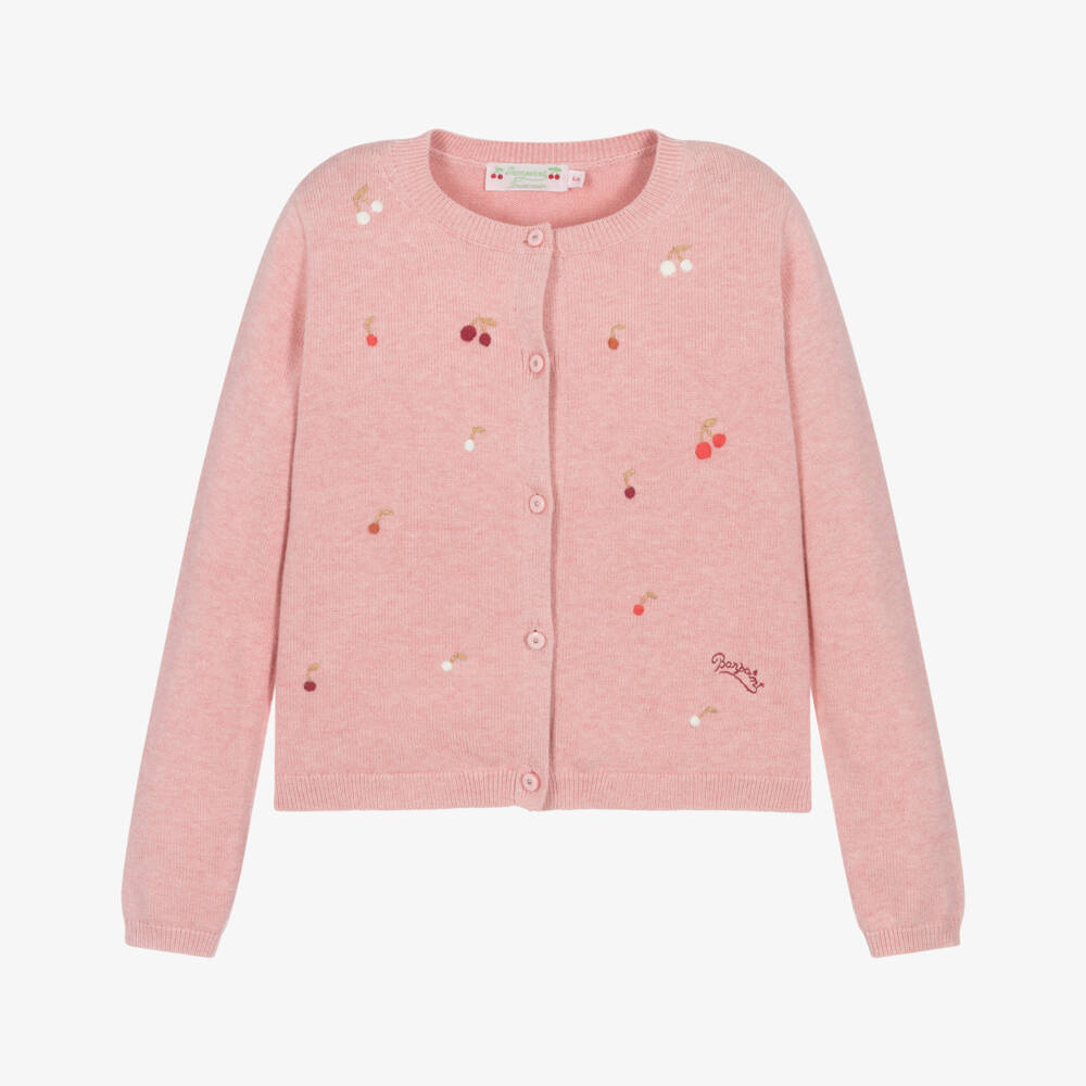 Bonpoint-Girls Pink Cotton Knit Cardigan with Cherry Embroidery | Childrensalon