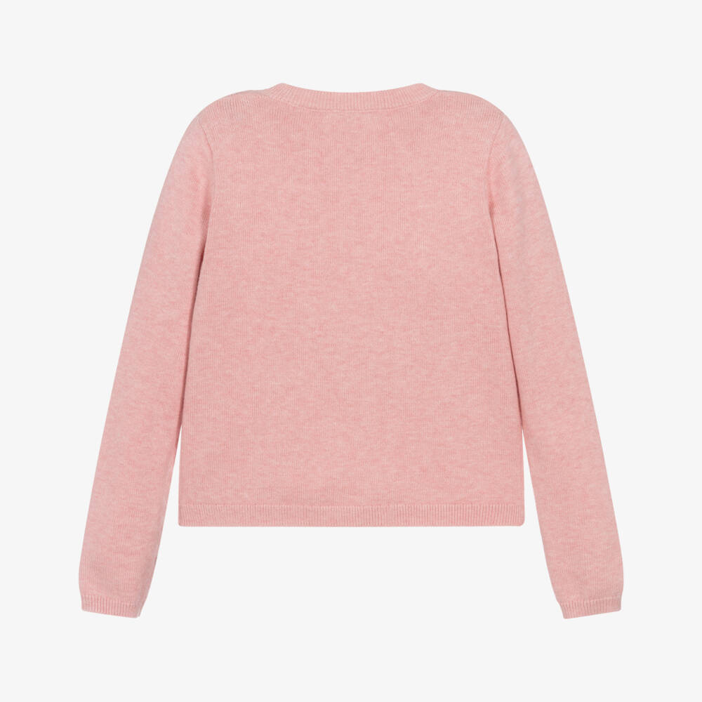 Bonpoint-Girls Pink Cotton Knit Cardigan with Cherry Embroidery | Childrensalon