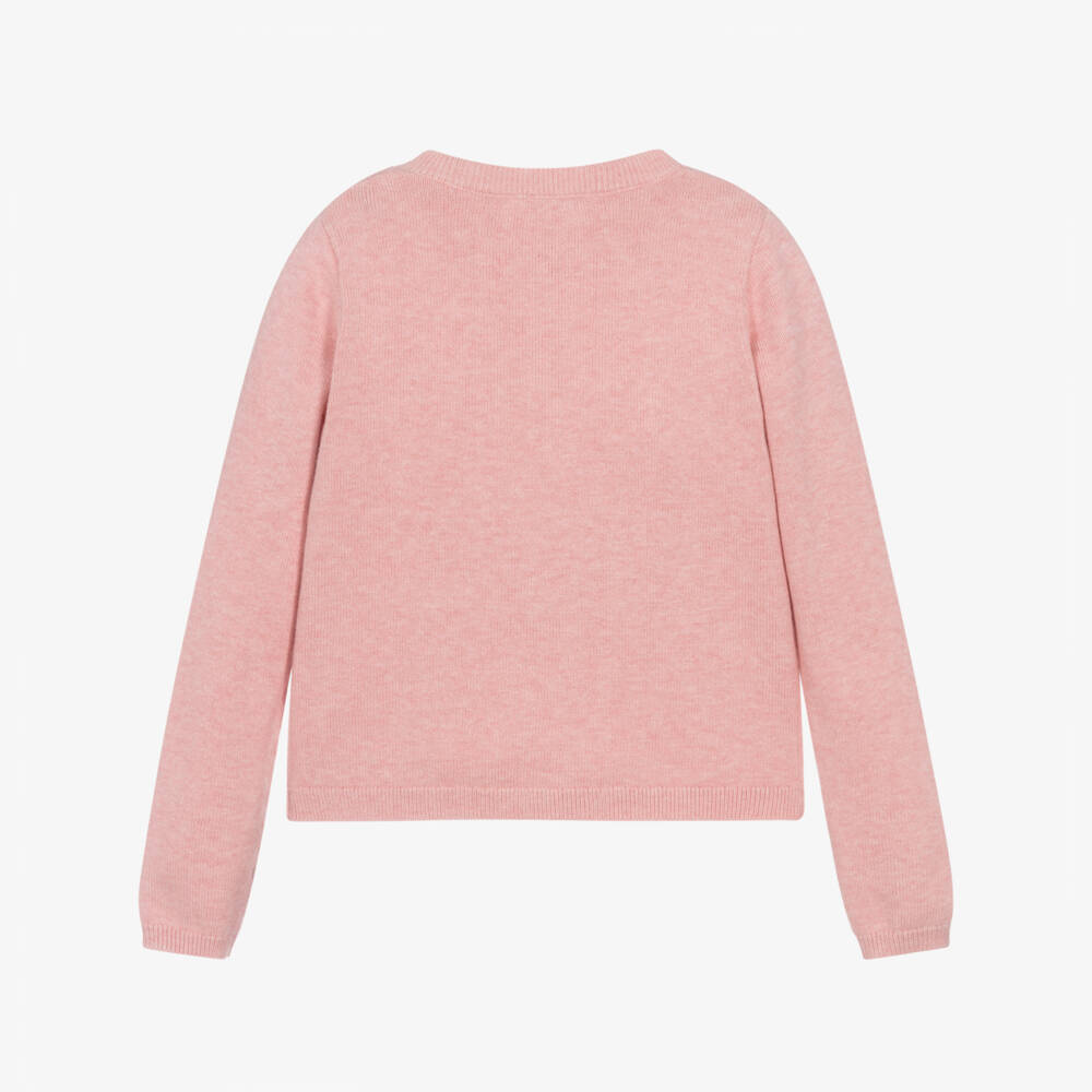 Bonpoint-Girls Pink Cotton Knit Cardigan with Cherry Embroidery | Childrensalon