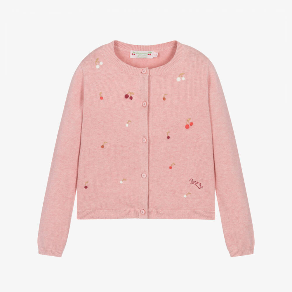 Bonpoint-Girls Pink Cotton Knit Cardigan with Cherry Embroidery | Childrensalon