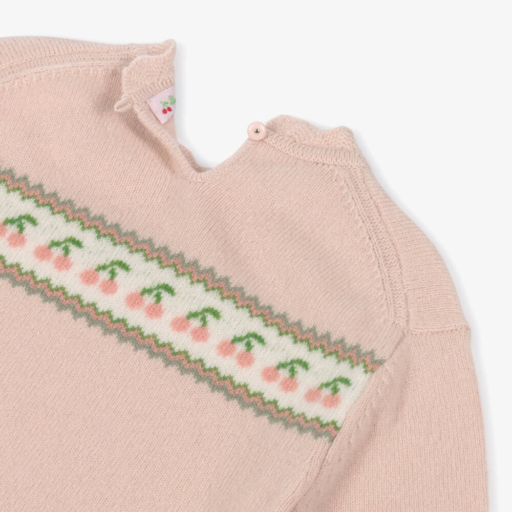 Bonpoint-Girls Pink Merino Wool Sweater with Cherry Logos | Childrensalon