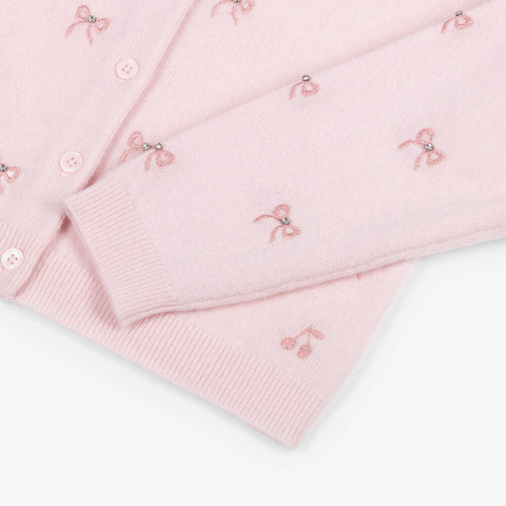 Bonpoint-Girls Pink Pure Cashmere Cardigan with Embroidered Diamanté Bows | Childrensalon