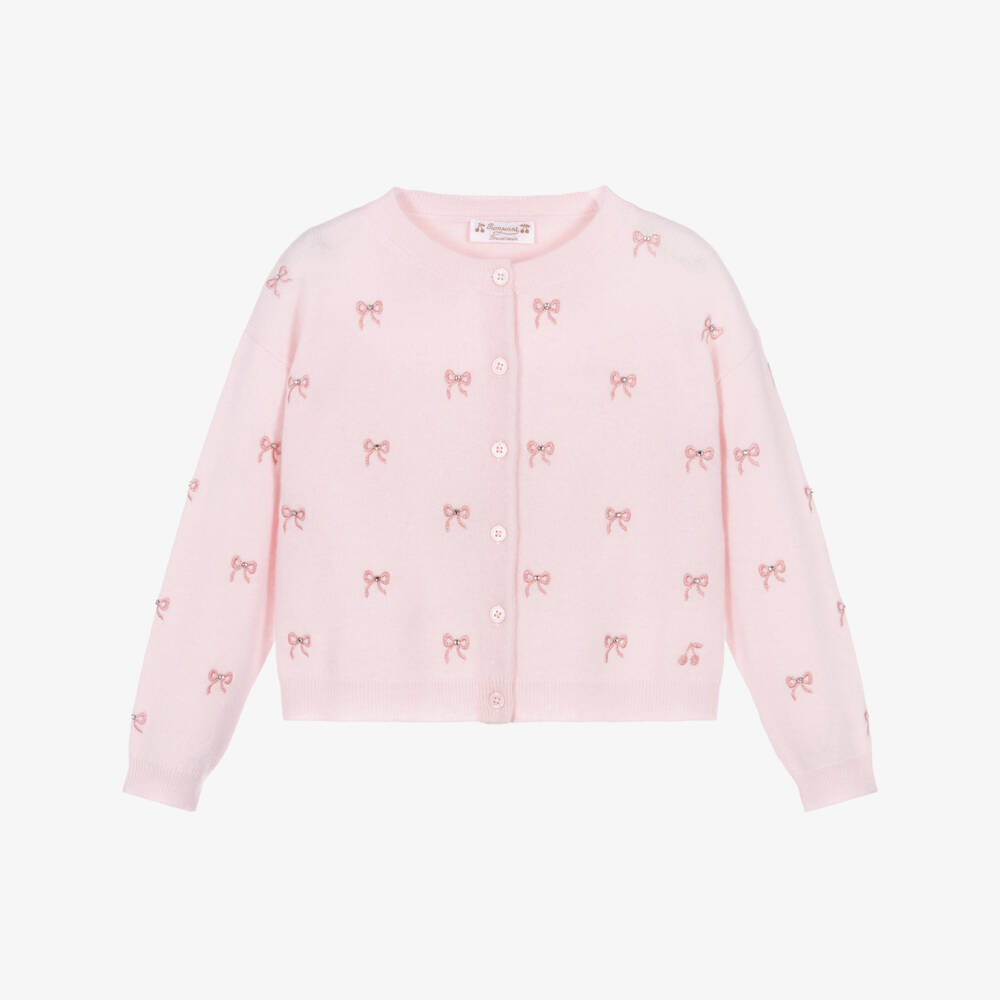 Bonpoint-Girls Pink Pure Cashmere Cardigan with Embroidered Diamanté Bows | Childrensalon