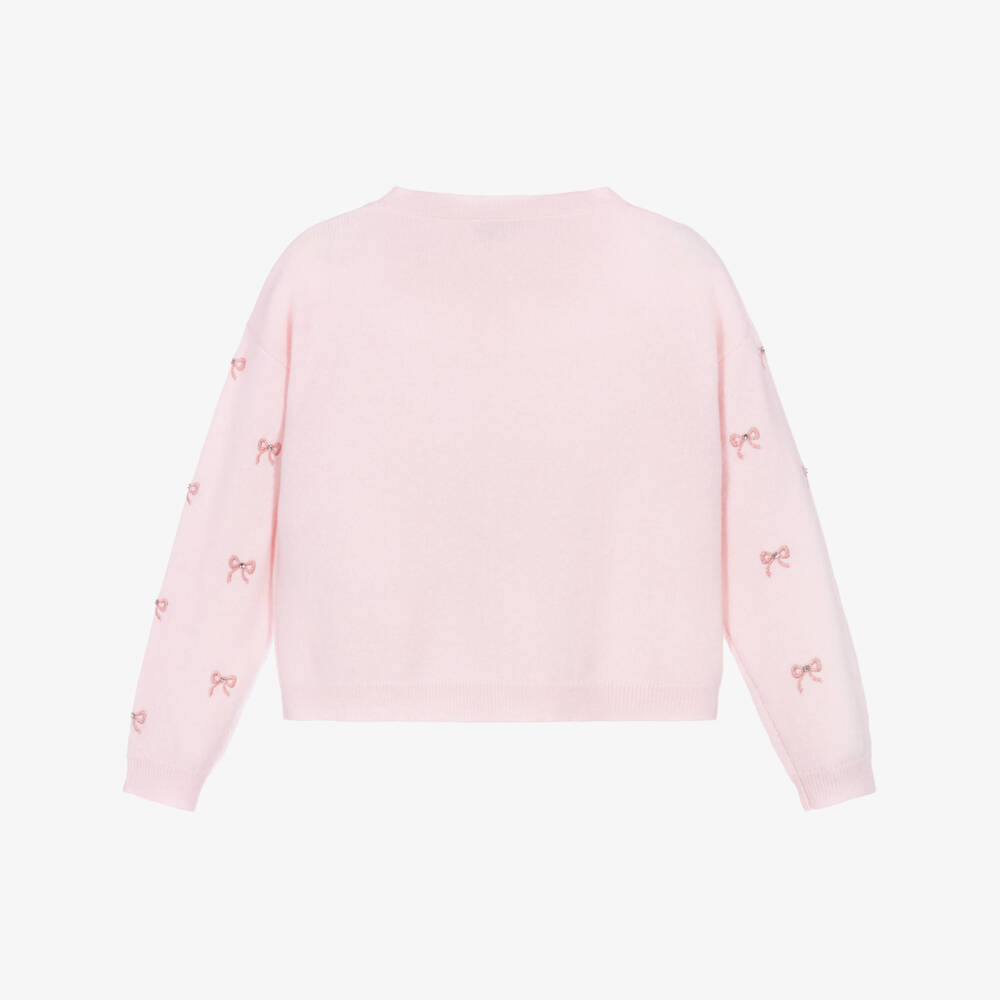 Bonpoint-Girls Pink Pure Cashmere Cardigan with Embroidered Diamanté Bows | Childrensalon