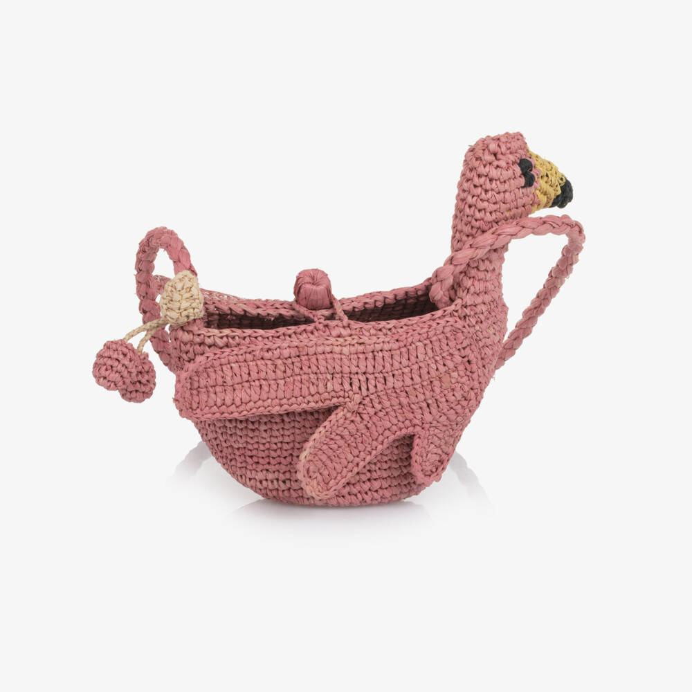 Bonpoint-Girls Pink Straw Flamingo Bag (16cm) | Childrensalon