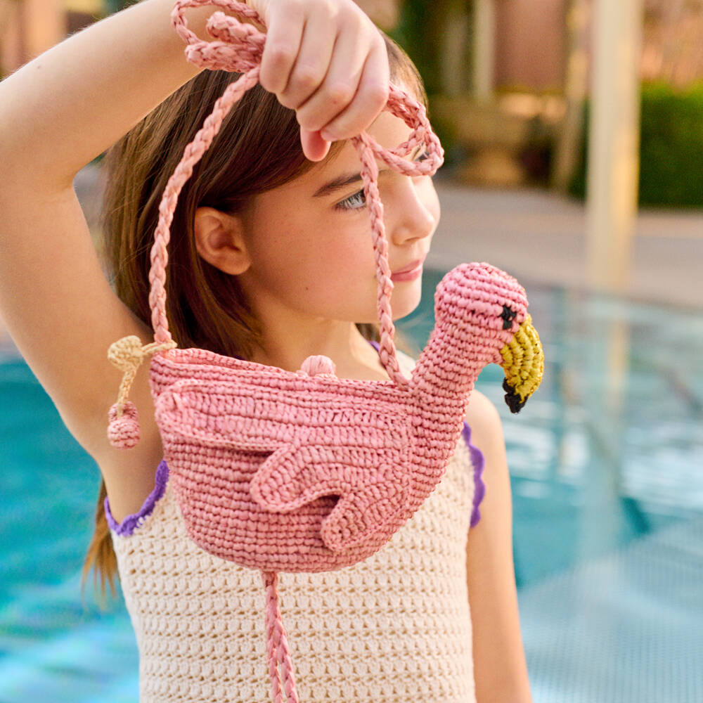 Bonpoint-Girls Pink Straw Flamingo Bag (16cm) | Childrensalon