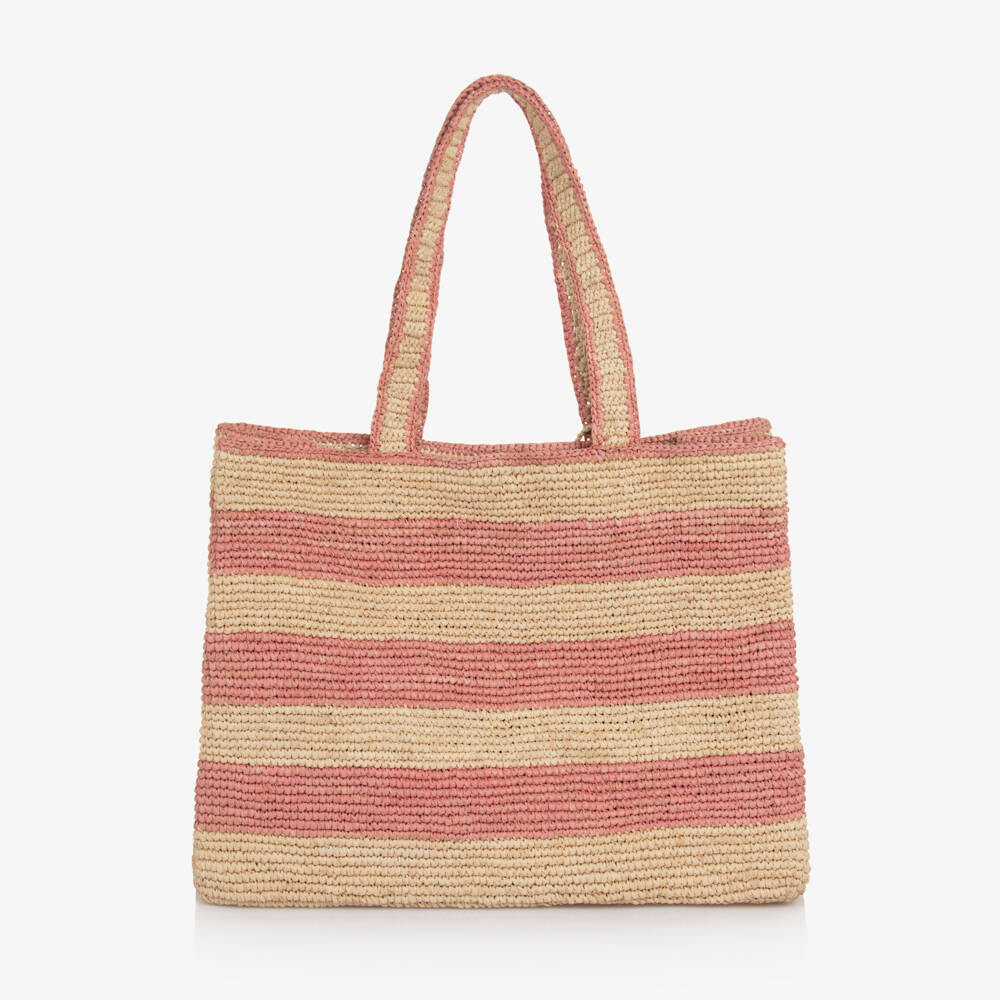 Bonpoint-Girls Pink Striped Straw Tote Bag (31cm) | Childrensalon