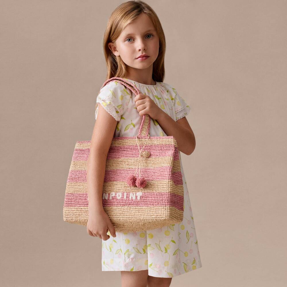 Bonpoint-Girls Pink Striped Straw Tote Bag (31cm) | Childrensalon