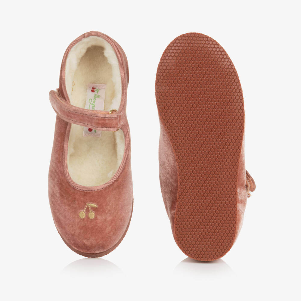 Bonpoint-Girls Pink Velvet Fleece-Lined Ballerina Pumps | Childrensalon
