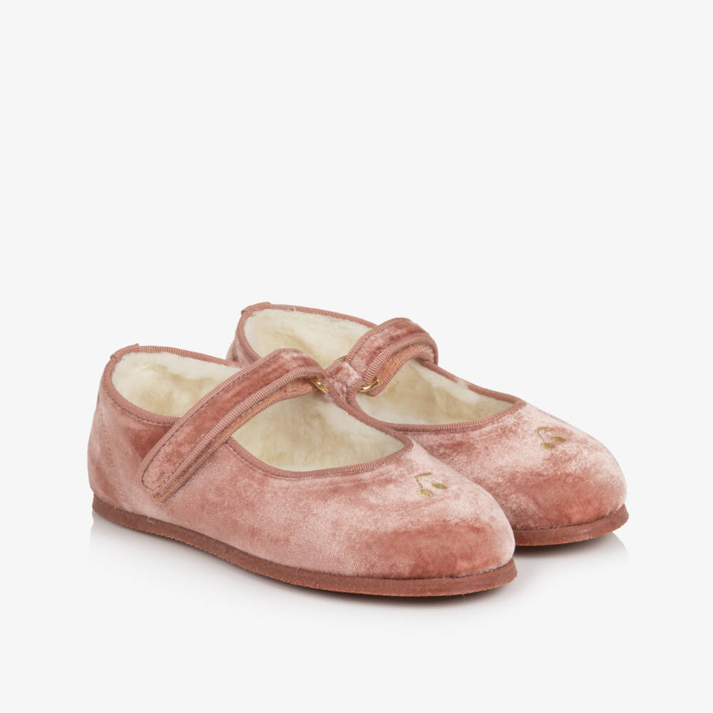 Bonpoint-Girls Pink Velvet Fleece-Lined Ballerina Pumps | Childrensalon